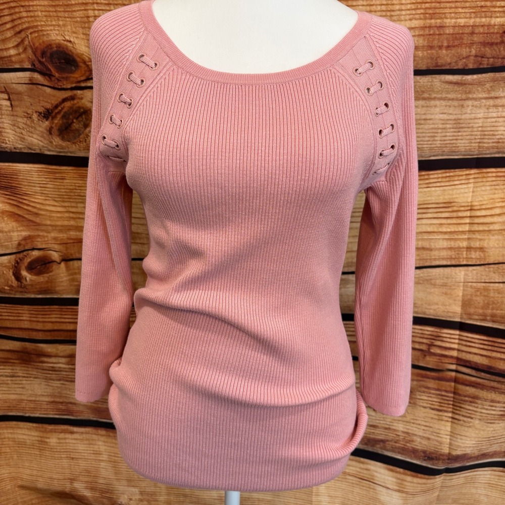 New York & Co Womens Pink Shoelace Detail Ribbed Long Sleeve Sweater Sz M